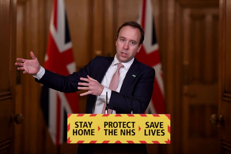 Britain's Health Secretary Matt Hancock holds a press briefing at Downing Street, in London