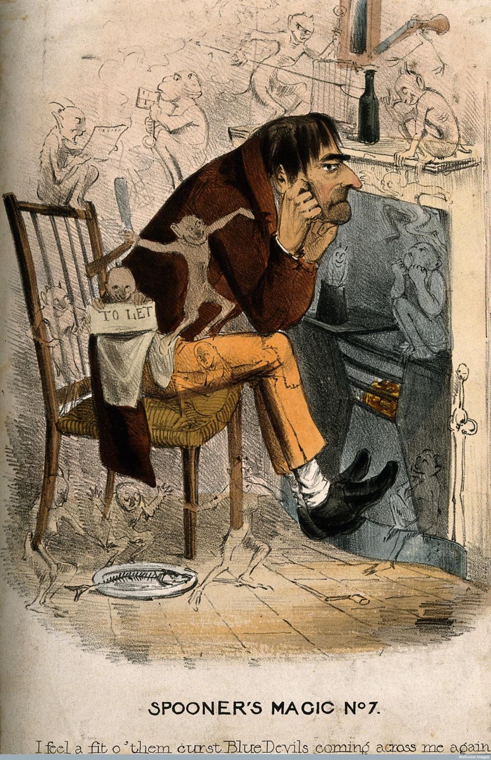 A wretched man with an approaching depression; represented by encroaching little devils. Colored lithograph.