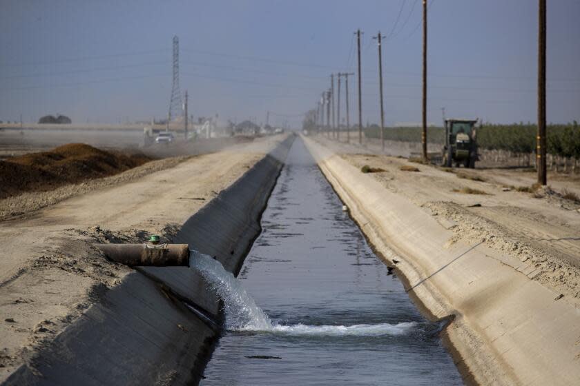 HELM, CA - September 20,2021: Groundwater, slated for delivery to another water district, is pumped into a canal on the Terranova Ranch on Monday, Sept. 20, 2021 in Helm, CA. The water is pumped from an aquifer on the ranch but Terrnova has no water rights to it. (Brian van der Brug / Los Angeles Times)