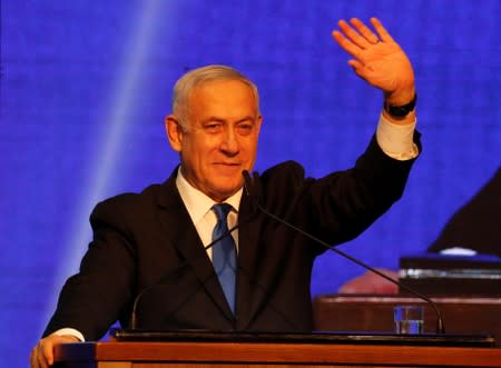 Israeli Prime Minister Benjamin Netanyahu arrives at the Likud party headquarters in Tel Aviv