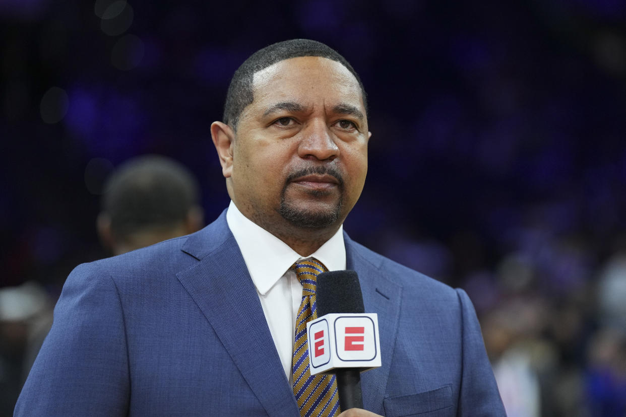 ESPN analyst Mark Jackson looks on prior to the game between the Boston Celtics and Philadelphia 76ers at the Wells Fargo Center on February 25, 2023 in Philadelphia, Pennsylvania. The Celtics defeated the 76ers 110-107. NOTE TO USER: User expressly acknowledges and agrees that, by downloading and or using this photograph, User is consenting to the terms and conditions of the Getty Images License Agreement. (Photo by Mitchell Leff/Getty Images)