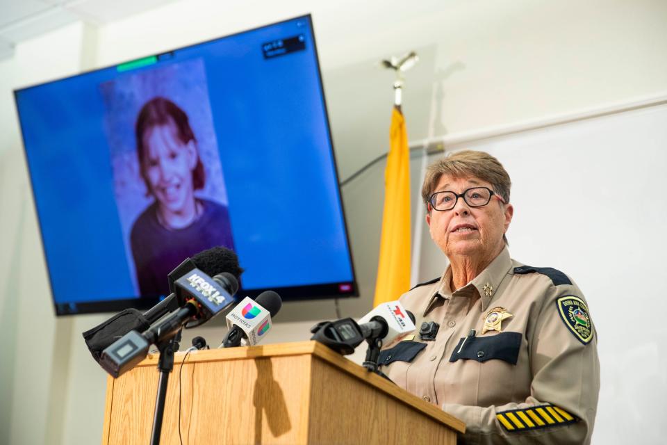 Doña Ana County Sheriff Kim Stewart speaks during a Doña Ana County Office news conference on Tuesday, Aug. 9, 2022. Earlier in the day, Stewart had left the Board of County Commissioners meeting for other meetings and was not present for a heated discussion over public comments she had made claiming the county had denied resources for school resource officers.