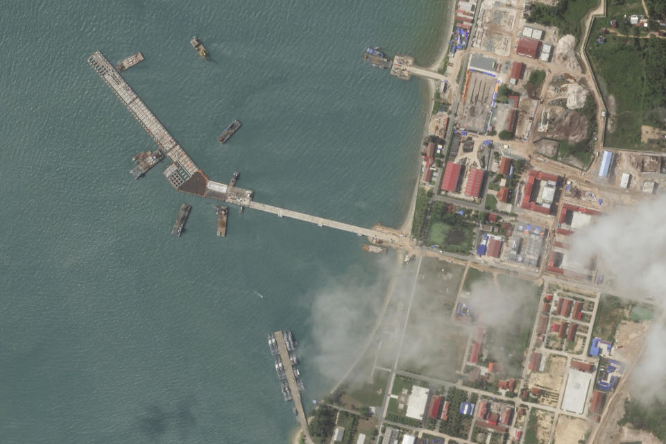 This satellite photo from Planet Labs PBC shows a new jetty being built at the Ream Naval Base in Cambodia on June 23, 2023. Cambodia's Hun Sen says he is ready to hand the premiership to his oldest son, Hun Manet, who heads the country’s army. (Planet Labs PBC via AP)