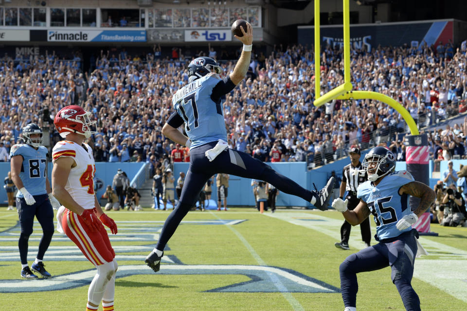 Tennessee Titans quarterback Ryan Tannehill (17) scores a touchdown against the Kansas City Chiefs in the first half of an NFL football game Sunday, Oct. 24, 2021, in Nashville, Tenn. (AP Photo/Mark Zaleski)