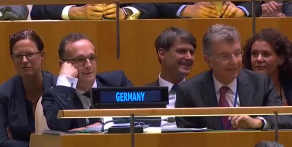 German Foreign Minister Heiko Maas shook his head in disbelief as Donald Trump called out his country's reliance on Russian energy. (UN Web TV)