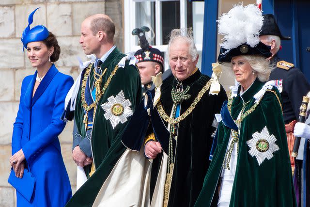 <p>Lesley Martin - Pool/Getty</p> Kate Middleton, Prince William, King Charles and Queen Camilla following a National Service of Thanksgiving and Dedication to the coronation of King Charles and Queen Camilla at St Giles' Cathedral on July 5, 2023 in Edinburgh, Scotland.