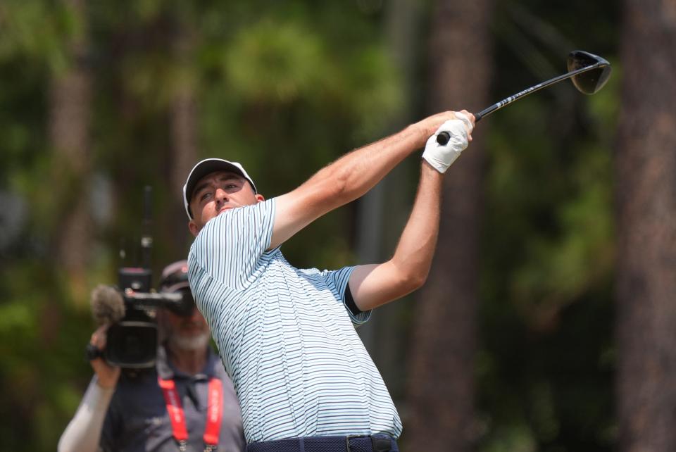 June 16: Scottie Scheffler hits from the eighth tee box during the final round of the U.S. Open.