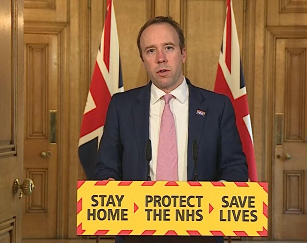 Screen grab of Health Secretary Matt Hancock speaking during a media briefing in Downing Street, London, on coronavirus (COVID-19). (Photo by PA Video/PA Images via Getty Images)