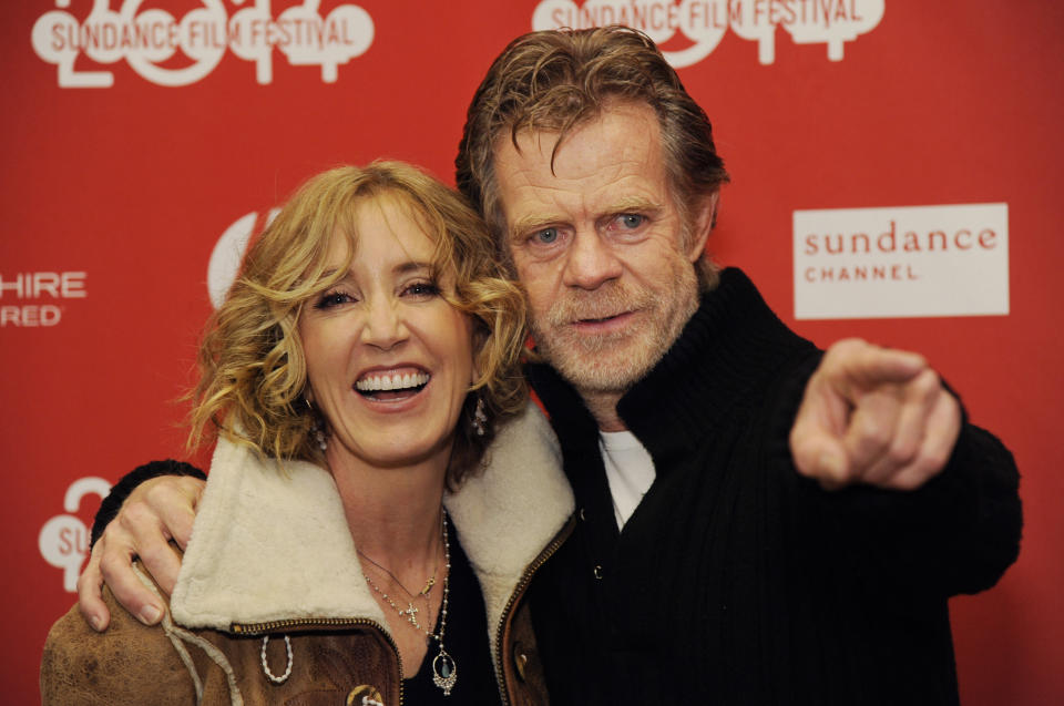 William H. Macy, right, writer/director/cast member of "Ruddlerless," poses with his wife, cast member Felicity Huffman, at the premiere of the film at the 2014 Sundance Film Festival, on Friday, Jan. 24, 2014, in Park City, Utah. (Photo by Chris Pizzello/Invision/AP)