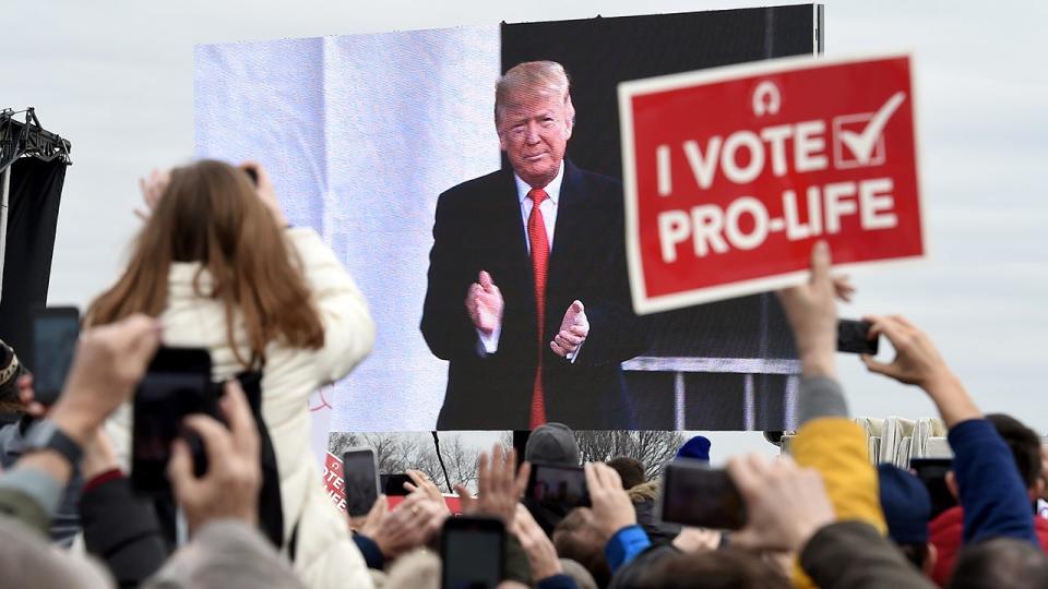 Pro-life demonstrators listen to US President Donald Trump as he speaks at the 47th annual "March for Life" in Washington, DC. Trump was the first US president to address in-person the country's biggest annual gathering of anti-abortion campaigners.