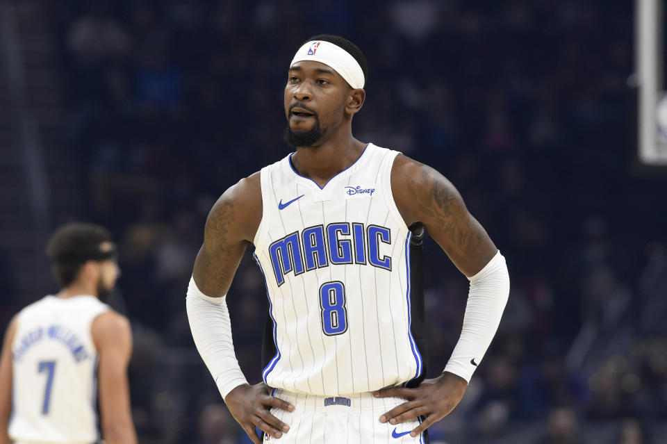 Terrence Ross waits for a play during a game with his hands on his hips.