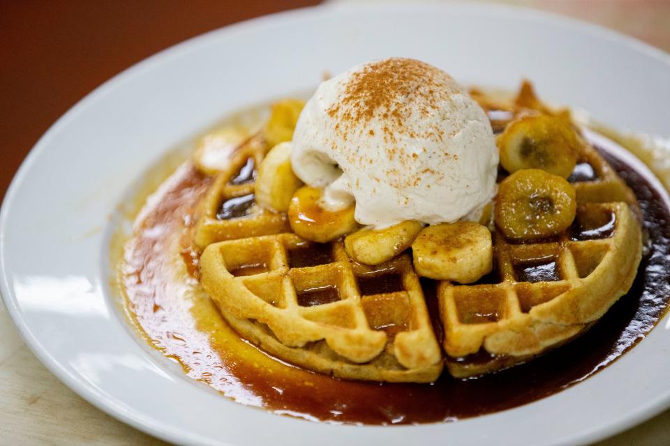 Waffle bananas foster on Sunday, July 12, 2020, at Owen Brennan’s in Memphis.