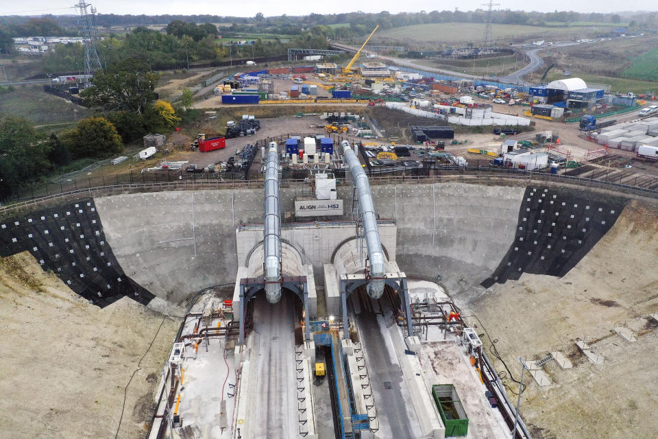 An aerial view of the entrance to the Chiltern Tunnels at the south portal HS2 align compound, in Rickmansworth, Hertfordshire. Picture date: Wednesday November 3, 2021.