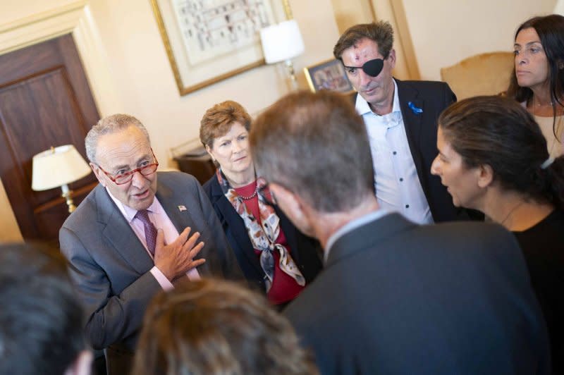 Senate Majority Leader Chuck Schumer, D-N.Y, meets with families of hostages held by Hamas at the U.S. Capitol in Washington, D.C., on Thursday. Family members spoke out at a news conference hosted by Rep Steny Hoyer, D-Md., Thursday urging the United States to do everything possible to bring the hostages home. Photo by Bonnie Cash/UPI