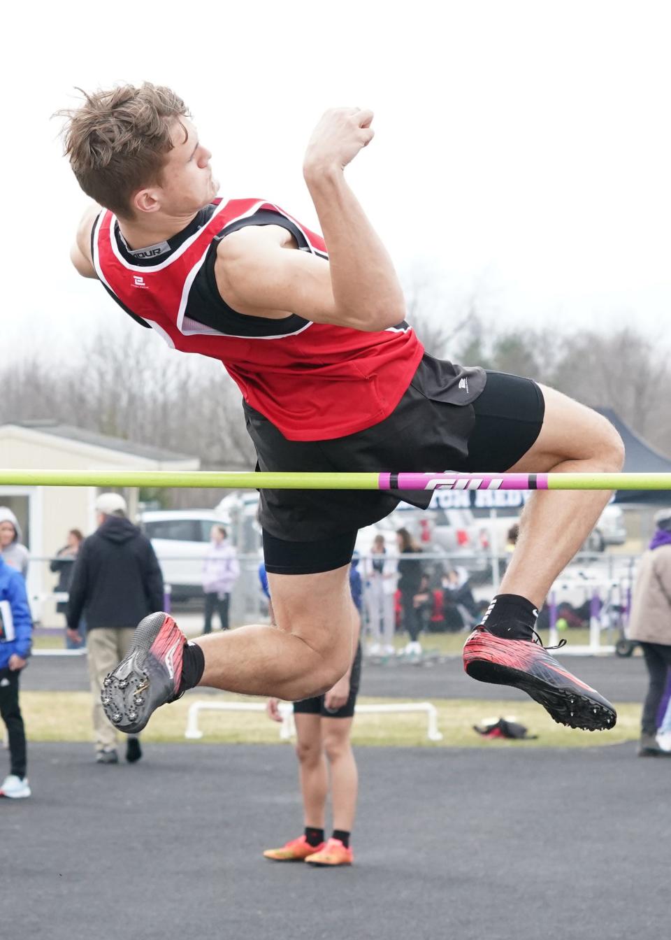 Clinton's Grant Stockford competes in the high jump at the Onsted Early Bird meet this season.