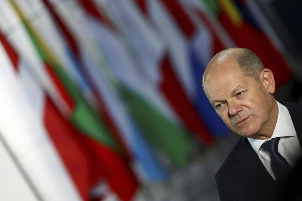 German Chancellor Olaf Scholz attends a ceremony to celebrate the 25th anniversary of the European Central Bank, in Frankfurt, Germany, Wednesday May 24, 2023. (Kai Pfaffenbach/Pool via AP)