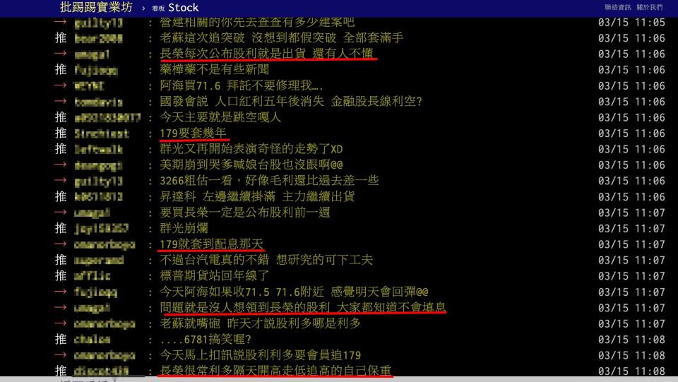 長榮宣布配發70元股利，今日股價開高走低成為網友熱議話題（圖／翻攝自PTT）