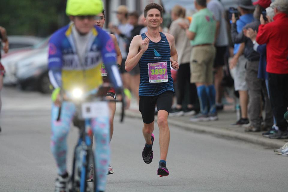 Jason Salyer, the 2024 Flying Pig Marathon men's and overall winner, runs in Mariemont.