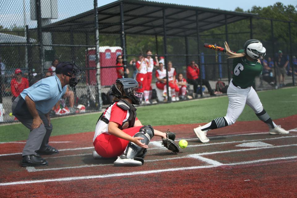 Shenendehowa's Emily Baumes swings on a strike during the New York State Softball Championship semifinal versus North Rockland on June 9, 2023. 