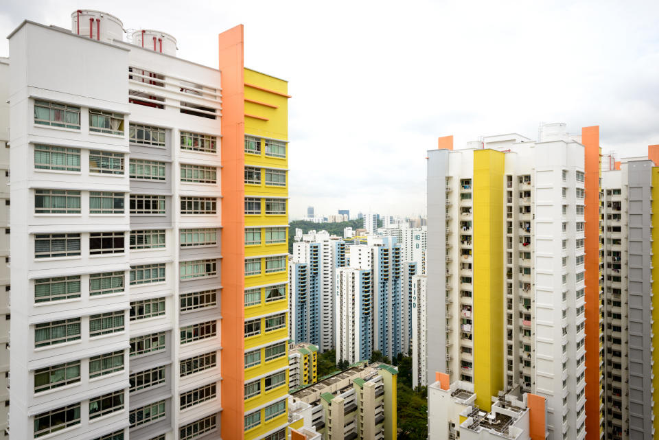 Skyline of the HDB buildings in Singapore, on a sunny day.