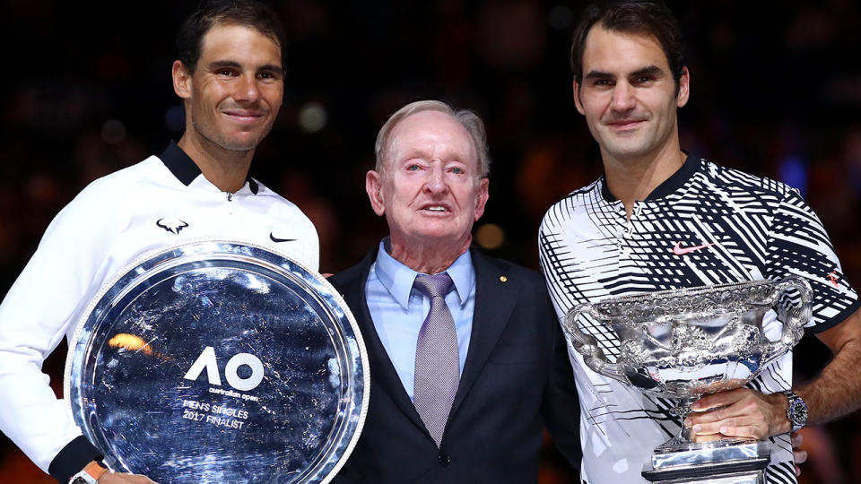Rafael Nadal, Rod Laver and Roger Federer after the 2017 Australian Open final. (Photo by Cameron Spencer/Getty Images)