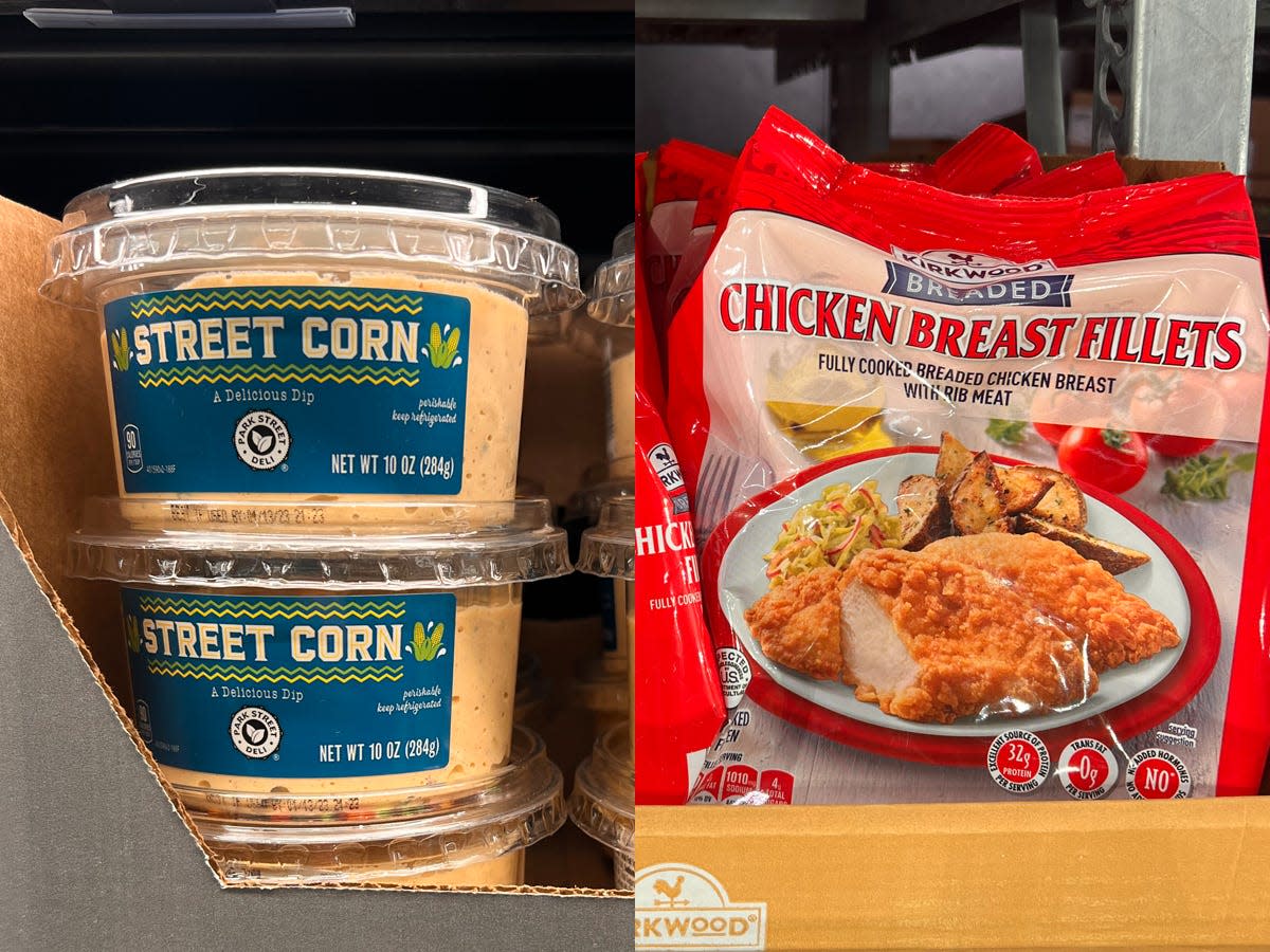 Street-corn dip at Aldi; Kirkwood breaded chicken fillets