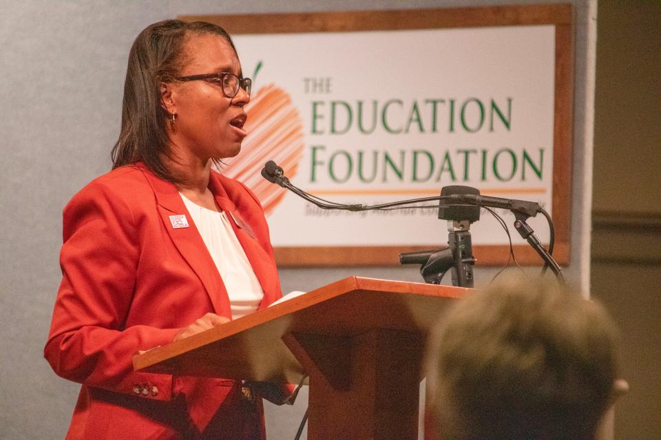 Alachua County School Board member Tina Certain talks during the Education Foundation Teacher of the Year ceremony at Trinity United Methodist Church in Gainesville, Fla., on Jan. 26, 2023. (Lawren Simmons/Special to the Sun)