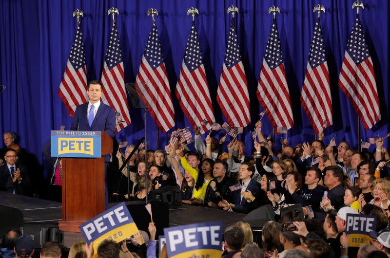 Democratic U.S. presidential candidate and former South Bend Mayor Pete Buttigieg speaks at his New Hampshire primary night rally in Nashua, N.H., U.S.