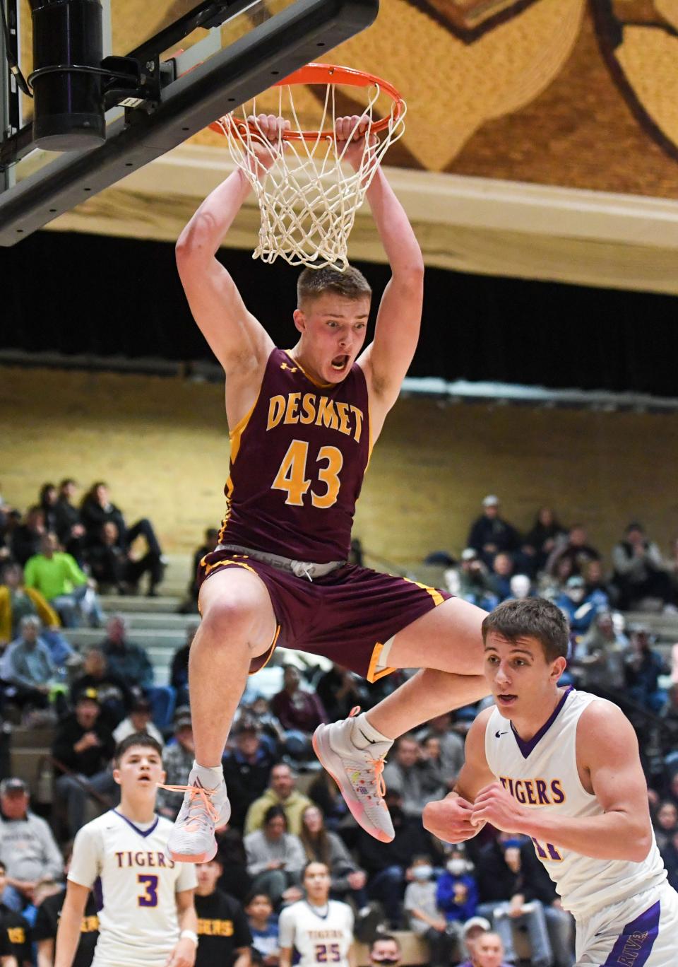 De Smet's Damon Wilkinson dunks the basketball during a game against White River on Saturday, January 22, 2022, in the Hanson Classic at the Corn Palace in Mitchell.