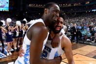 <p>Theo Pinson #1 and Joel Berry II #2 of the North Carolina Tar Heels embrace after time expires during the 2017 NCAA Men’s Final Four National Championship game against the Gonzaga Bulldogs at University of Phoenix Stadium on April 3, 2017 in Glendale, Arizona. (Photo by Brett Wilhelm/NCAA Photos via Getty Images) </p>