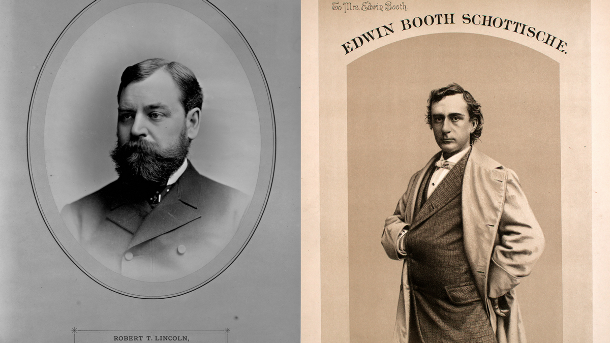 Two portraits of white men are shown. On the left, the man has a beard and the portrait is captioned Robert T. Lincoln. On the right, the man is standing up and the portrait is titled Edwin Booth Schottische. 