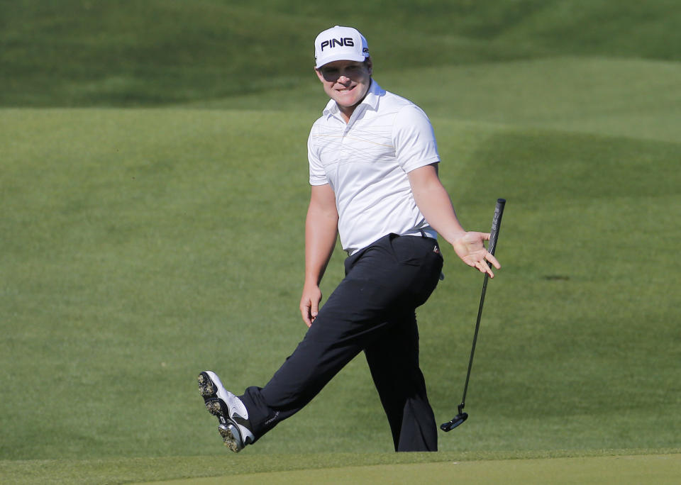 Daniel Summerhays reacts to a missed birdie putt on the ninth green during the second round of the Humana Challenge PGA golf tournament on the Palmer Private course at PGA West, Friday, Jan. 17, 2014, in La Quinta, Calif. (AP Photo/Matt York)