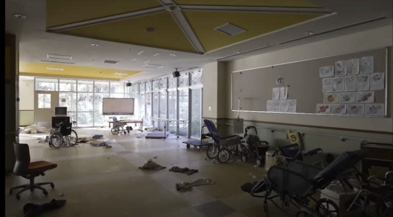 Abandoned wheelchairs in empty hospitals in Fukushima.