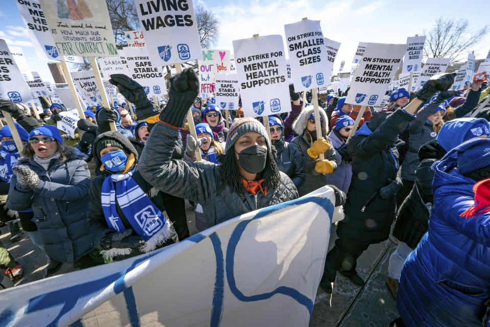 Twin Cities teachers including MFT, Minneapolis Federation of Teachers Local 59, and ESP, Education Support Professionals, rallied at the Minnesota State Capitol, Wednesday, March 9, 2022 St. Paul, Minn. (Glen Stubbe/Star Tribune via AP)