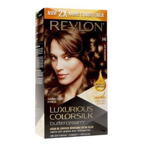 Packed with argan oil as well as mango seed butter, shea butter, and coconut oil, this dye actually helps combat the drying effects of color. This uber-moisturizing formula is also ammonia-free and covers gray without leaving hair feeling brittle. Hydration is key for keeping color treated hair healthy. “One of the best ways to prevent hair damage is to use a good conditioner after,” says cosmetic chemist Perry Romanowski. “Deep conditioning is an important step for at-home color.” Revlon Luxurious ColorSilk Buttercream, $6