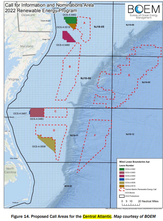 A map of permitted and proposed areas for offshore wind energy in the Central Atlantic region. Maryland currently has two companies permitted to operate in an area about 15 to 21 miles off the coast.