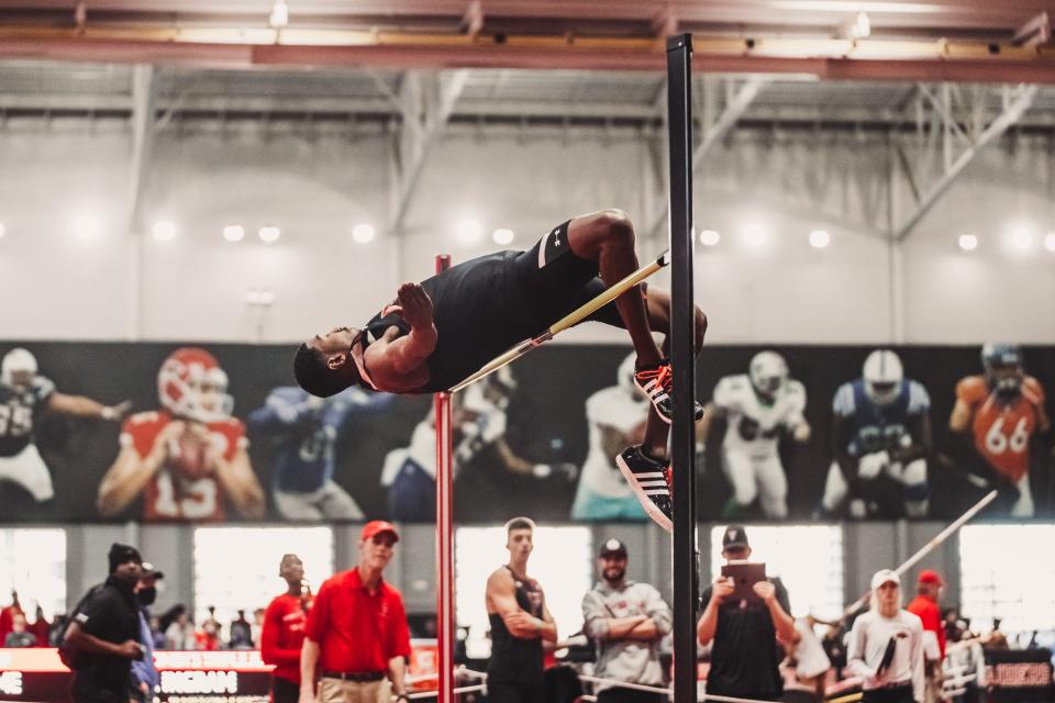 Texas Tech's Caleb Wilborn wins the high jump during the Red Raider Open on Friday at the Sports Performance Center. The sophomore from Coronado cleared a personal record 7 feet, 1 3/4 inches.