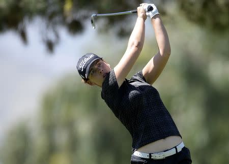 March 30, 2017; Rancho Mirage, CA, USA; Karine Icher hits from the seventeenth course tee box during the first round of the ANA Inspiration golf tournament at Mission Hills CC-Dinah Shore Tournament Course. Gary A. Vasquez-USA TODAY Sports