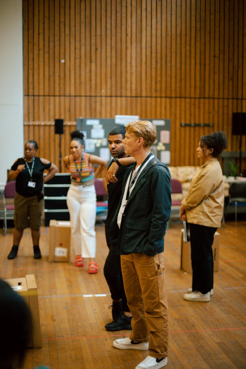 Ash Hunter, Michael Shaeffer and the cast of Grenfell: in the words of survivors rehearsing at the National Theatre (Feruza Afewerki)