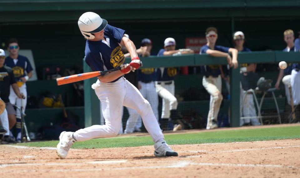 Beyer High senior Henry Robison makes contact with a pitch during the 32nd Modesto Sunrise Rotary All-Star Game at CSU Stanislaus on Saturday, June 8, 2024.