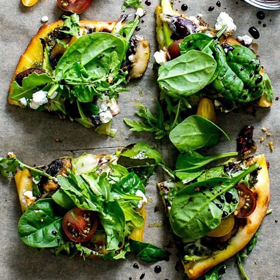 Flatbread Salad Pizza with Pesto, Shaved Asparagus, Mushrooms and Feta