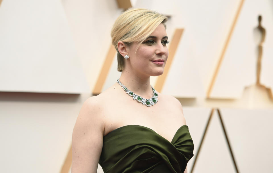 Greta Gerwig arrives at the Oscars on Sunday, Feb. 9, 2020, at the Dolby Theatre in Los Angeles. (Photo by Richard Shotwell/Invision/AP)