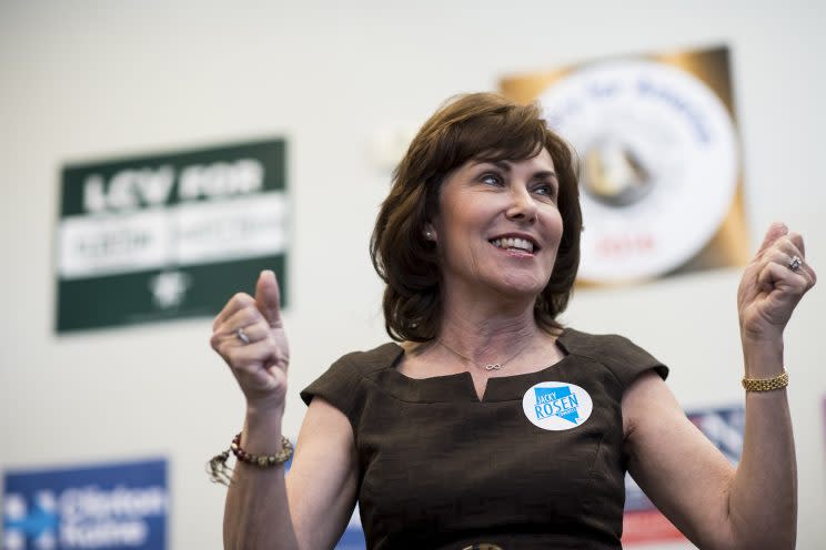 Jacky Rosen, the Democratic candidate for Nevada's Third Congressional District, speaks to volunteers at a campaign office in Las Vegas, Nevada, on Nov. 5 , 2016. (Photo: Bill Clark/CQ Roll Call/Getty Images)