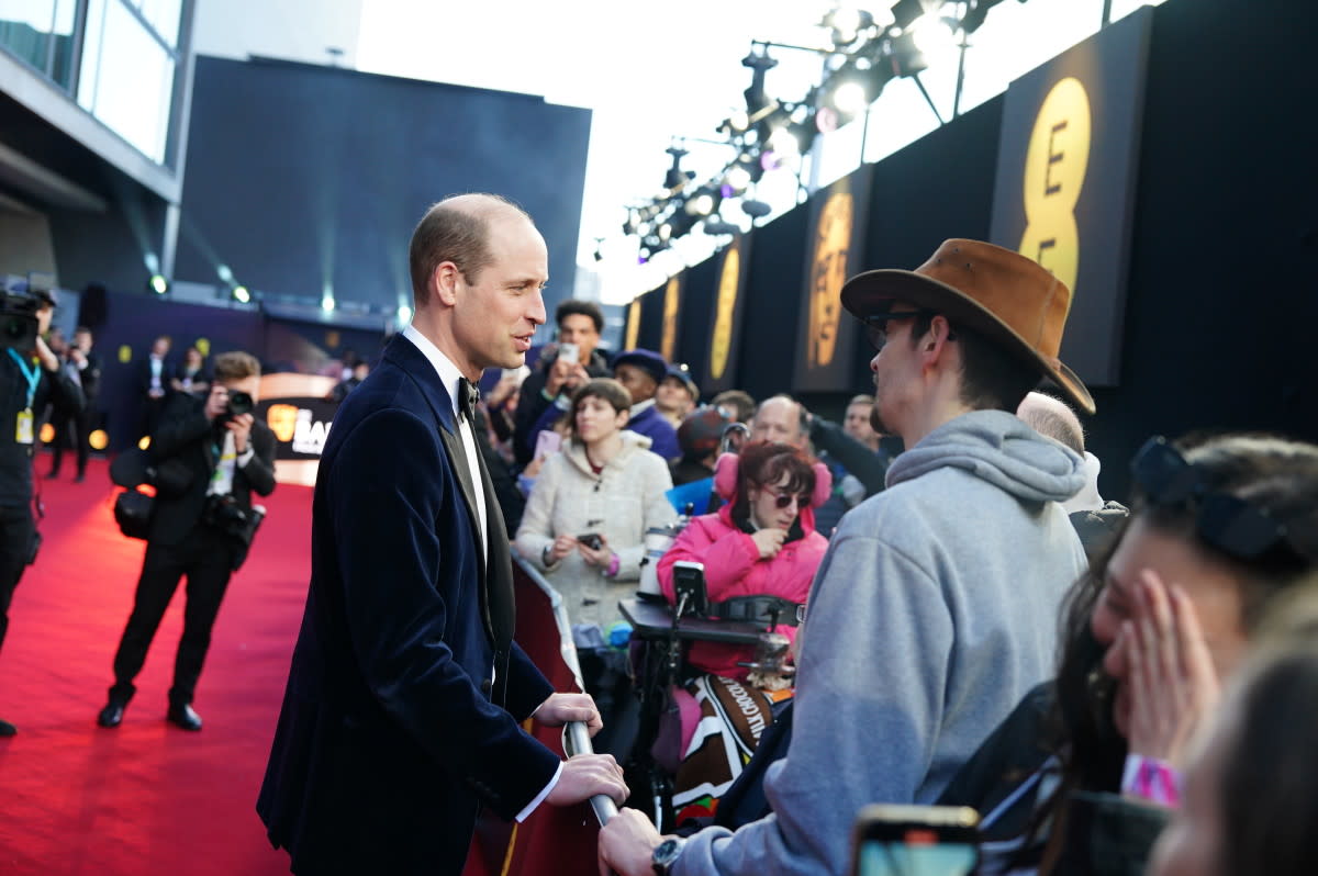 LONDON, ENGLAND - FEBRUARY 18: Prince William, Prince of Wales, president of Bafta speaks with members of the public at the Bafta Film Awards 2024 at the Royal Festival Hall, Southbank Centre on February 18, 2024 in London, England. (Photo by Jordan Pettitt - WPA Pool/Getty Images)<p>WPA Pool/Getty Images</p>