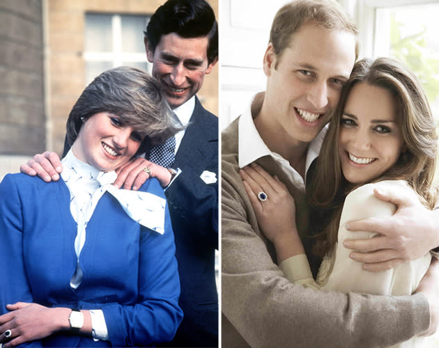 <div class="caption-credit"> Photo by: Ron Bell/AP Photo/Pool (Diana), Mario Testino/AP I</div><div class="caption-title">Two very different engagements</div>Shy, virginal Di bashfully leans on much-older Charles for their engagement photo on Feb 24, 1981. Even in bright blue and a high-necked, patterned blouse she looks 100-percent conservative and appropriate. Will and Kate, by contrast are a modern couple, together for years and comfortable enough with each other to dress in matching dull neutrals. Kate is wearing Diana's ring, of 14 diamonds surrounding a sapphire, by Garrard. <br>