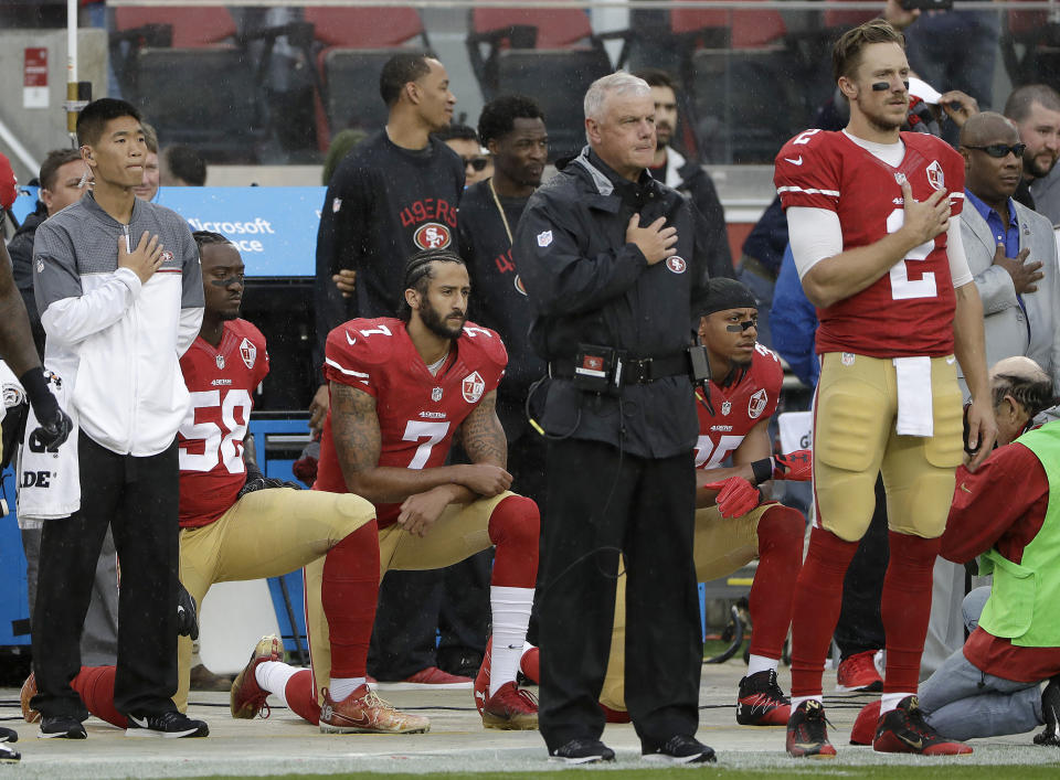 Colin Kaepernick (7) is still waiting on the phone to ring fpr an NFL job opportunity. (AP) 