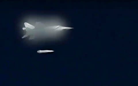 A Kinzhal hypersonic missile is fired from a MiG-31 get in footage released by Moscow - Credit: AP