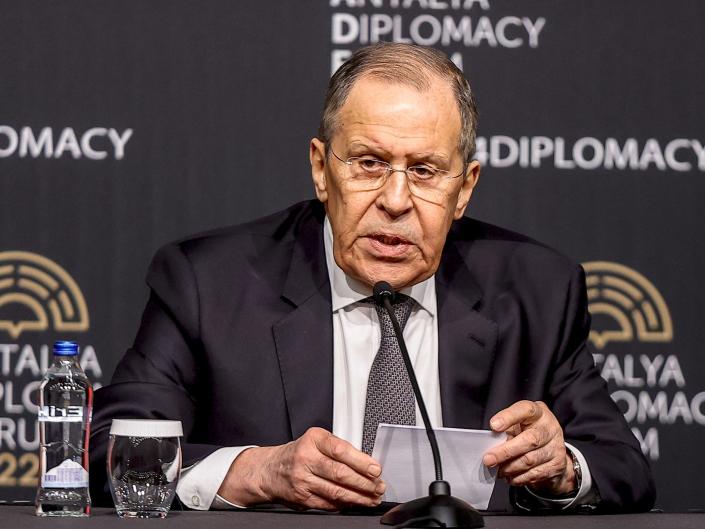 ANTALYA - TURKIYE - MARCH 10: Russian Foreign Minister Sergey Lavrov holds a press conference after Russia-Turkiye-Ukraine tripartite Foreign Ministers meeting at the Antalya Diplomacy Forum in Antalya, Turkiye on March 10, 2022. (Photo by Mustafa Ciftci/Anadolu Agency via Getty Images)