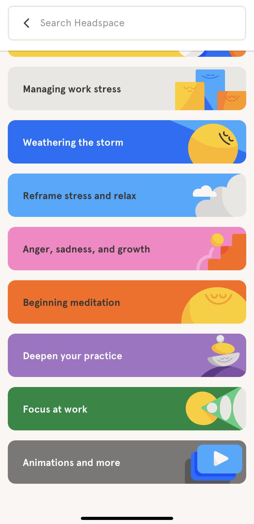 several colorful panels of meditation themes in a screenshot of the meditation app Headspace