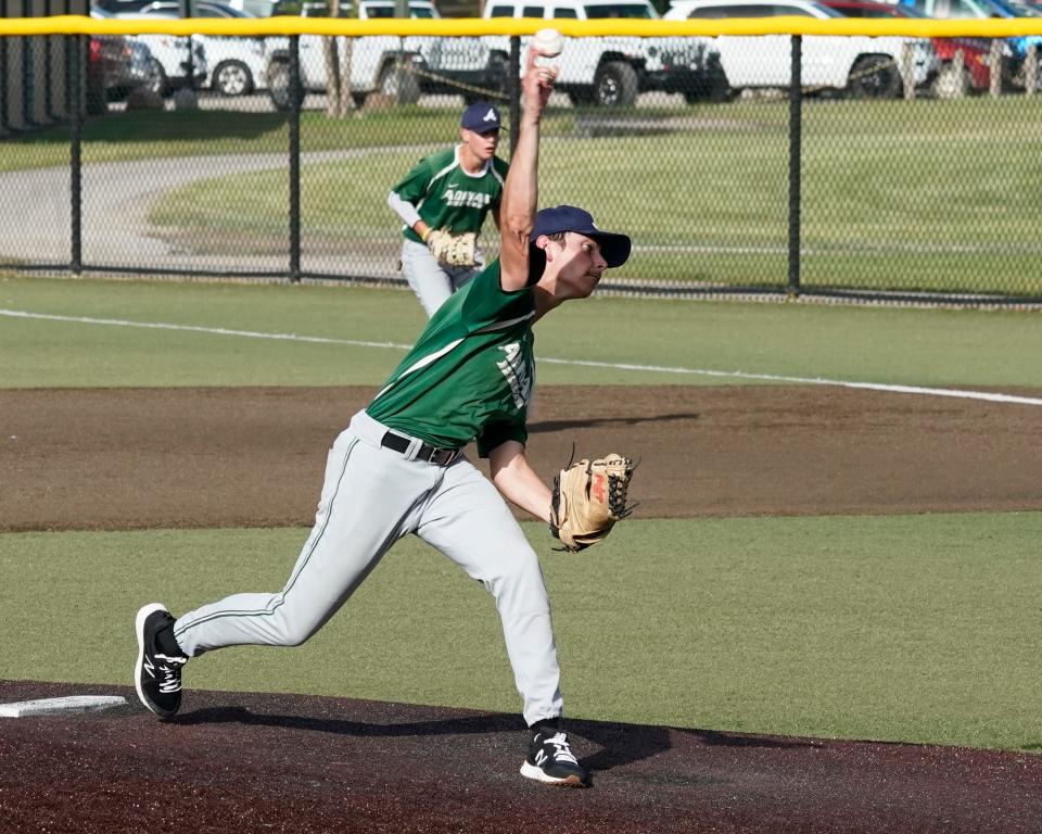 Adrian Post 275's Gunner Lansdell (Adrian) delivers a pitch during Wednesday's game against Huston Post 180 at Nicolay Field.